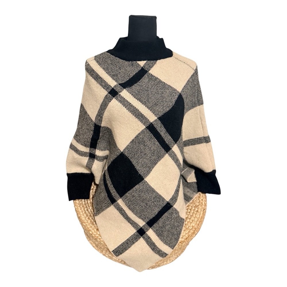 DONATED: ✨ Beige & Black Plaid Knit Poncho Sweater | Chic Neutral Layer